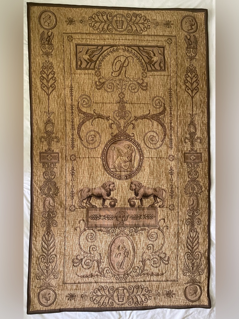 Large Vintage Beljen Mills Jacquard Neoclassical Wall Hanging Tapestry Panel